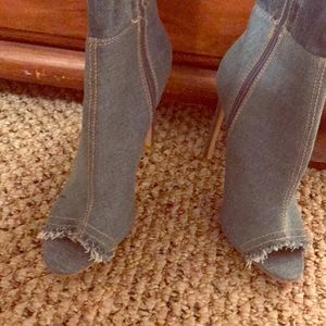 Jean knee high boots with peep toe